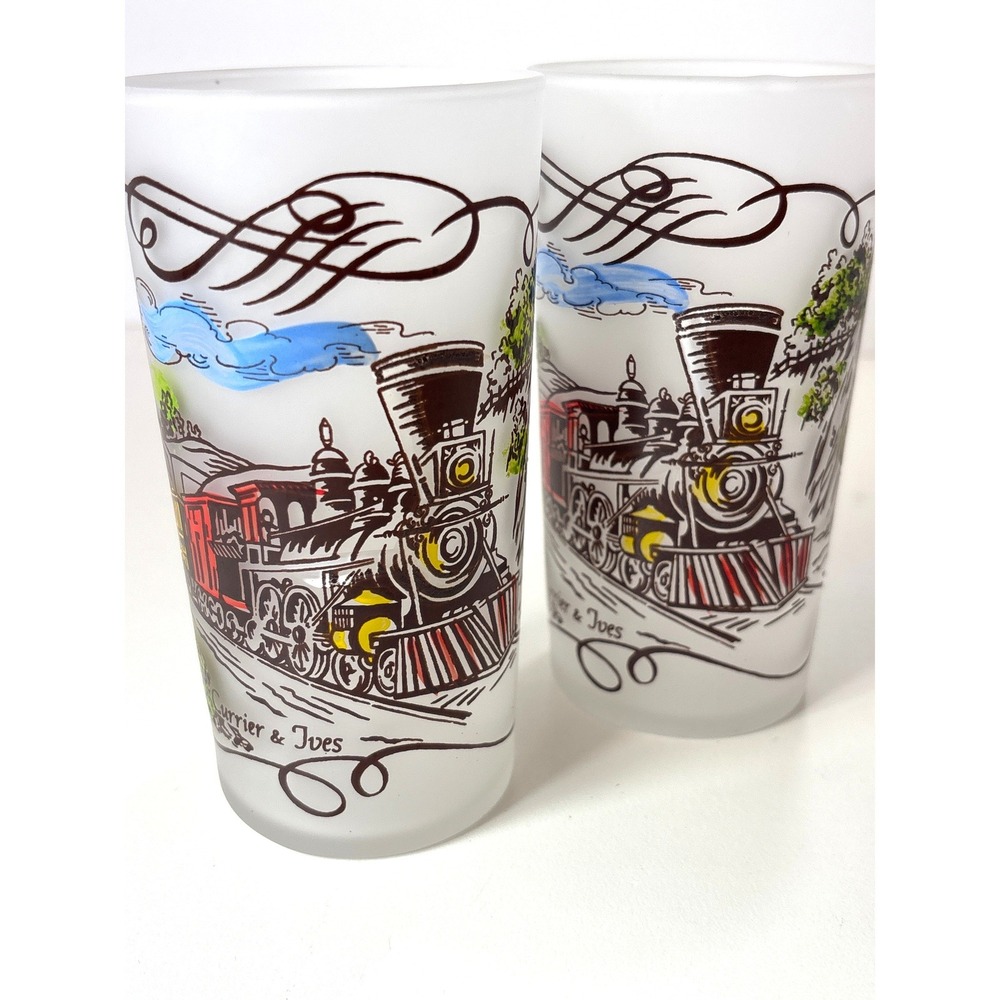 Vintage Currier & Ives Frosted Drinking Glass Railroad Scene 12oz Set of 2 1960s
